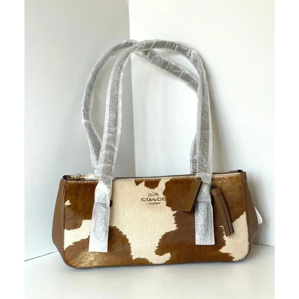B6-008 NWT Coach Asher Shoulder Bag CDW46 Haircalf Cow Print Brown Leather Gold